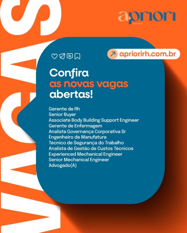 🚨 Novas Oportunidades no Ar! 🚨

Estamos com vagas abertas para profissionais de diferentes áreas e níveis de experiência. Confira as posições em destaque:

🔹 Gerente de RH
🔹 Senior Buyer
🔹 Associate Body Building Support Engineer
🔹 Gerente de Enfermagem
🔹 Analista de Governança Corporativa Sr
🔹 Engenheiro de Manufatura
🔹 Técnico de Segurança do Trabalho
🔹 Analista de Gestão de Custos Técnicos
🔹 Experienced Mechanical Engineer
🔹 Senior Mechanical Engineer
🔹 Advogado(a)

Se você está em busca de novos desafios ou conhece alguém que esteja, compartilhe ou marque nos comentários!

📩 Interessados podem se candidatar pelo LINK DA BIO!

#vagas #oportunidades #carreira #RH #engenharia #jurídico #compras #enfermagem #segurançadotrabalho